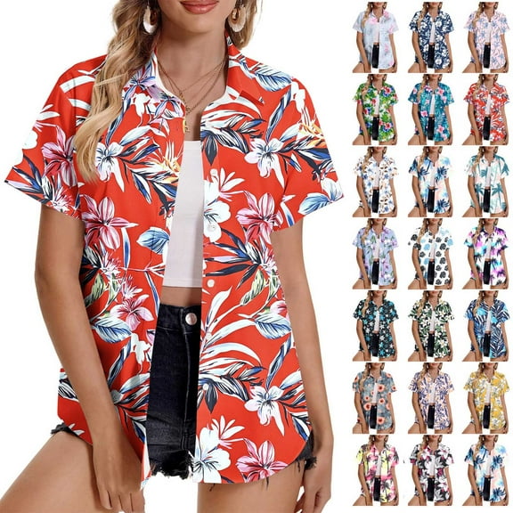 Today's Sales! BiZtdJrK Button Down Hawaiian Shirts for Women Casual Short Sleeve Lapel Summer Blouse Fashion Floral Tropical Print Tunic Tops Green XXXXL