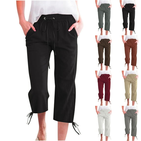 Today's Sales, BiZtdJrK Capri Pants for Women 2025 Summer Lounge Cropped Pants Cotton Linen Comfy Drawstring Beach Capris Baggy Trousers with Pockets Gray M