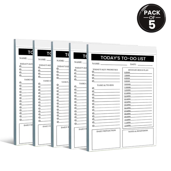 Today's To-Do List Notepad 5.5 x 8.5 Inch, Pack of 5 Daily Planner Pads, 50 Sheets Per Pad, Hourly Schedule and Task Organizer for Home, Office, School, Made in USA