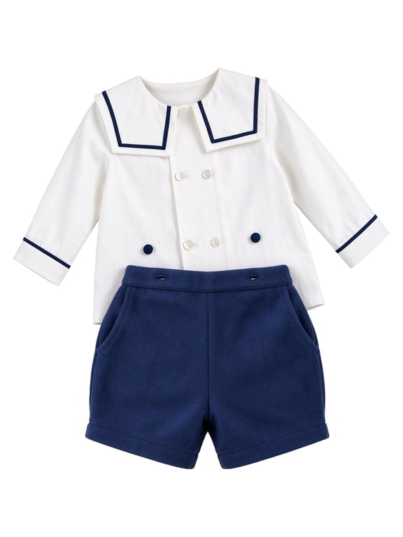 Toddler Boy Nautical Sailor Collar Outfit, Cotton Button‑Down Shirt & Navy Bloomers Set for Birthday Formal Occasions