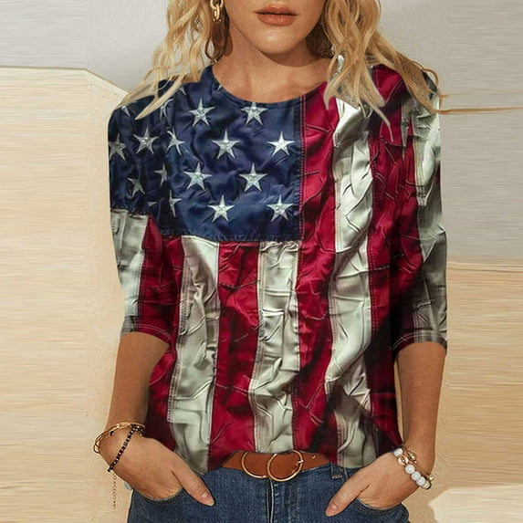 Todays Daily 4Th of July Shirts for Women 3/4 Sleeve American Flag Shirt Usa Patriotic T-Shirt Stras Striped Summer Fashion Tops Tunic Crew Neck Blouses Cancel Membership Walmart +