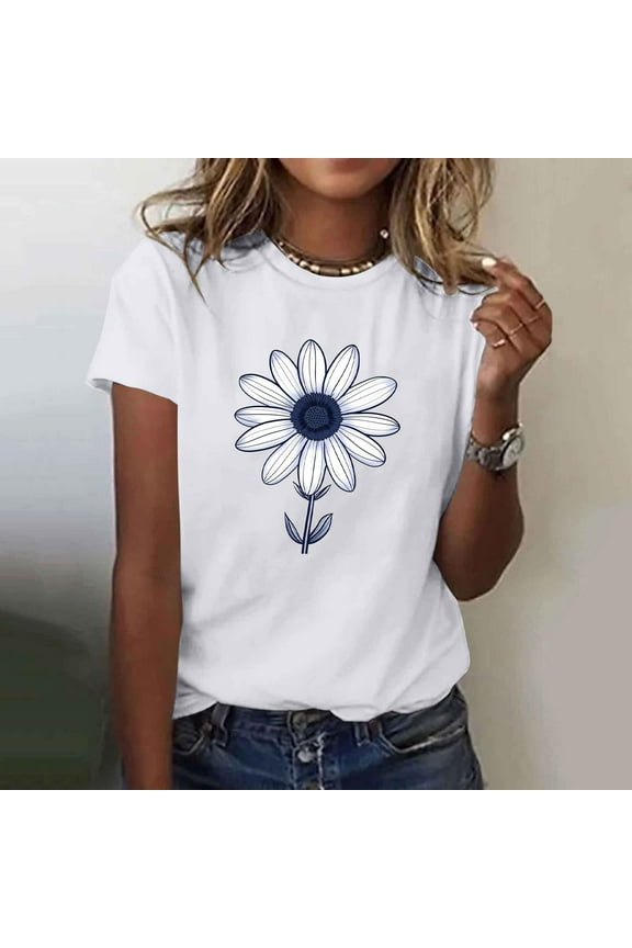 Todays Daily ,Cute Daisy Graphic Tee Shirt,Cadancy Summer Tops 2025 Trendy Dressy Casual,Clothes Sexy Blouses Cotton,Ladies Tunic Pullover Loose,Playeras De Mujer ,4Th of July Gift White M