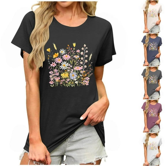 Todays PXLKNZH Flower Print Short Sleeve Tops for Women Crew Neck Casual Summer Shirts Loose Fit Going Out Graphic Tees,Beige,XL