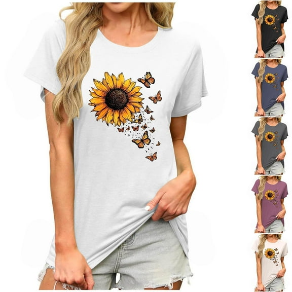 PXLKNZH Flower Print Short Sleeve Tops for Women Round Neck Casual Summer Shirts Loose Fit Going Out Graphic Tees,Beige,XL