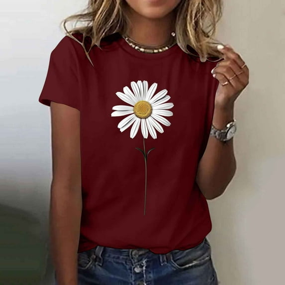 Todays Daily ,Summer Tops for Women 2025 Trendy,Cadancy Sunflower Graphic Tee Shirt Daisy ,Short Sleeve Blouses Casual,Ladies Tunic Pullover Petite,Blusas Para Mujer,4Th of July Gifts Red L