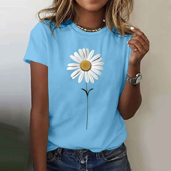 Todays Daily ,Summer Tops for Women 2025 Trendy,Cadancy Sunflower Graphic Tee Shirt Daisy ,Short Sleeve Blouses Casual,Ladies Tunic Pullover Petite,Blusas Para Mujer,4Th of July Gifts Blue M