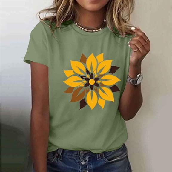 Todays Daily ,Summer Tops for Women 2025 Trendy Xs,Cadancy Cute Floral Graphic Tee Shirt 3Xl Daisy ,Short Sleeve Blouses Cotton,Ladies Tunic Pullover Petite,Playeras De Mujer , Army Green M