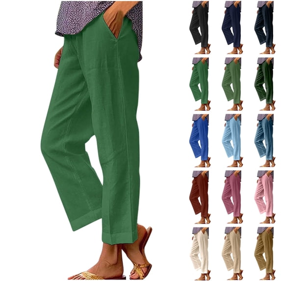 Todays Daily Sales, BiZtdJrK Cotton Linen Cropped Pants for Women Summer Elastic Waist Straight Wide Leg Beach Pants Plus Size Lounge Trouser with Pockets Army Green XXXXXL