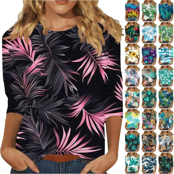 BiZtdJrK Ladies 3/4 Sleeve Summer T Shirts Casual Round Neck Loose Blouses Trendy Tropical Graphic Tee Tops Beach Vacation Outfits Multicolor XXL