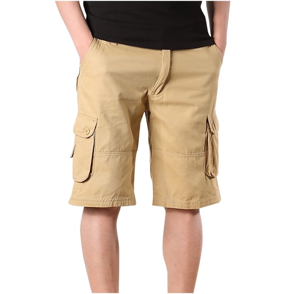 HOOMEUMY Men's Cargo Shorts Relaxed Fit Flat Front Multi Pockets Straight Leg Bermuda Shorts Khaki 4