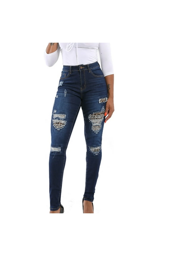 Todays UTSJKR Women High Waist Stretch Denim Skinny Jeans with Animal Print Patchwork Distressed Ripped Hole Washed Slim Fit Long Pants Blue 8