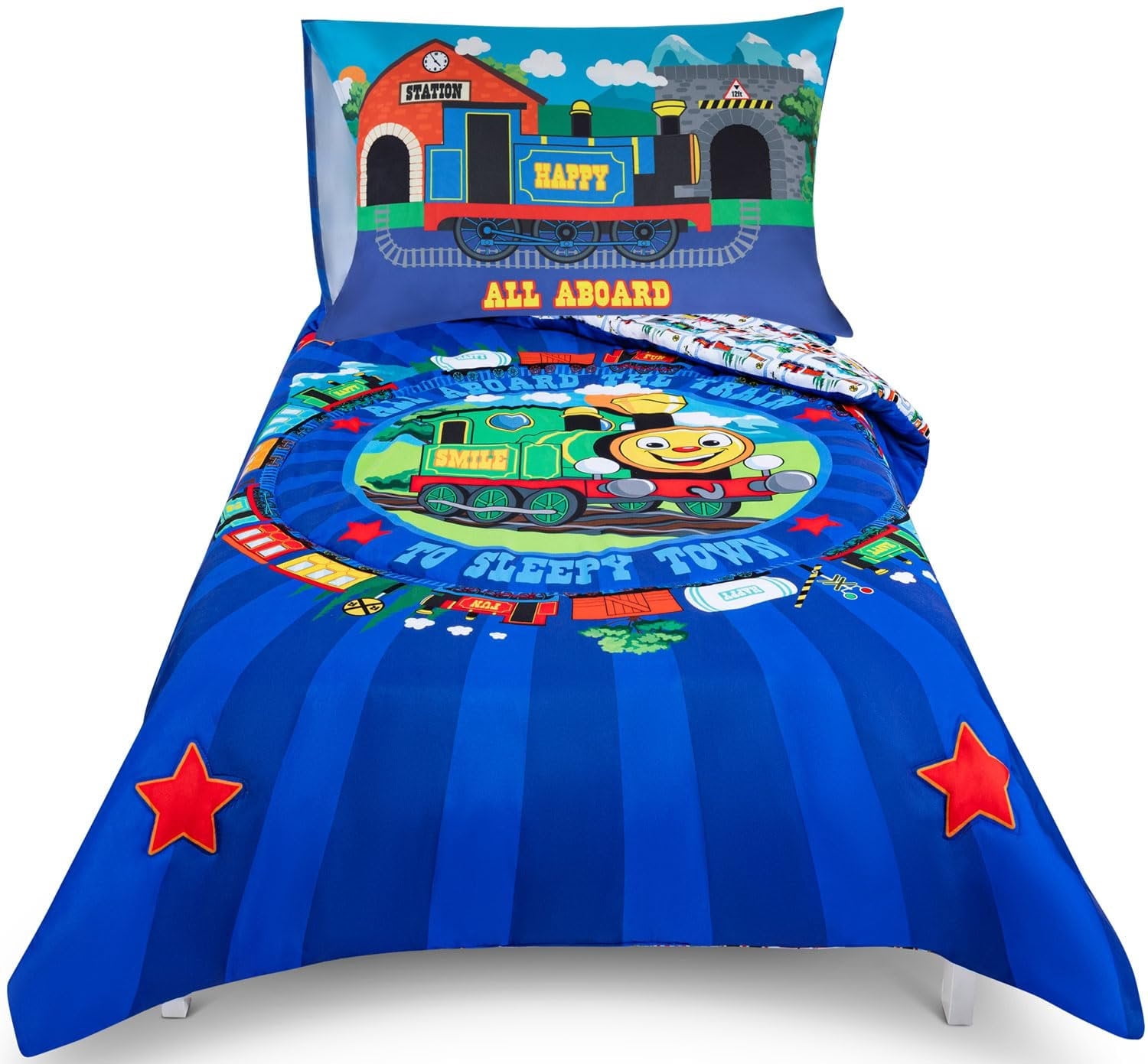Todays Kids Choo Choo Train Toddler Bed Sheets for Boys - 4-Piece Toddler Boy Bedding Set Crib Size, Reversible Comforter & Pillowcase, Flat Sheet, Fitted Sheet, Breathable & Super Soft Microfiber