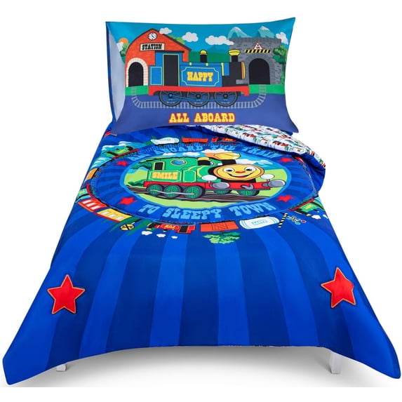 Todays Kids Choo Choo Train Toddler Bed Sheets for Boys - 4-Piece Toddler Boy Bedding Set Crib Size, Reversible Comforter & Pillowcase, Flat Sheet, Fitted Sheet, Breathable & Super Soft Microfiber