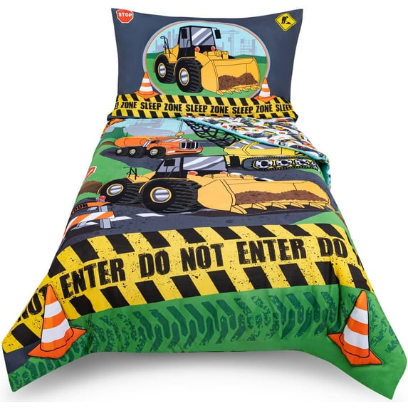 Todays Kids Under Construction Toddler Bedding Set for Boys - 4-Piece Toddler Bed Comforter Sets for Boys, Reversible Comforter & Pillowcase, Flat Sheet, Fitted Sheet, Breathable & Soft Microfiber
