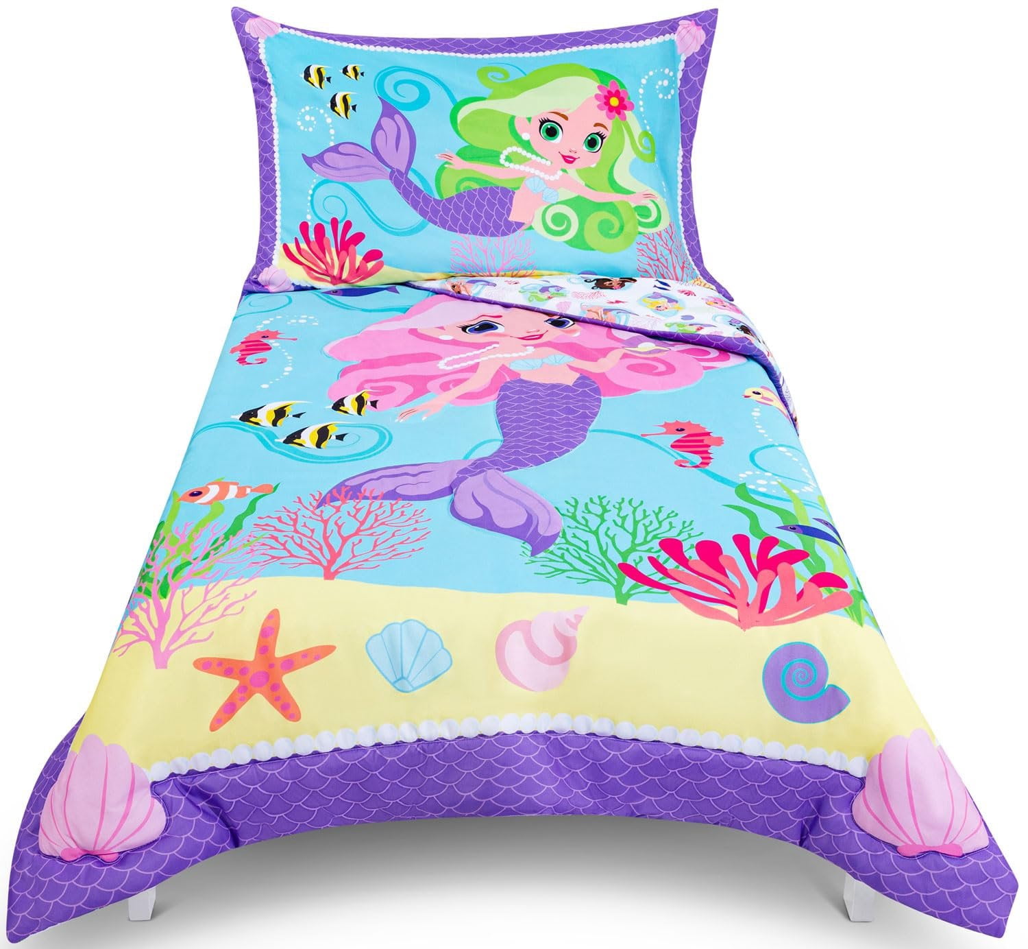 Todays Kids Mermaids Toddler Bedding Set for Girls - 4-Piece Toddler Bed Sheets and Comforter Set, Reversible Comforter & Pillowcase, Flat Sheet, Fitted Sheet, Breathable & Super Soft Microfiber