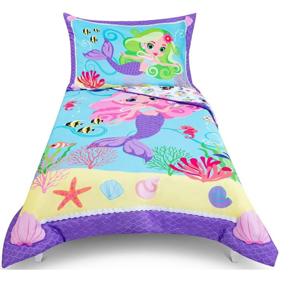 Todays Kids Mermaids Toddler Bedding Set for Girls - 4-Piece Toddler Bed Sheets and Comforter Set, Reversible Comforter & Pillowcase, Flat Sheet, Fitted Sheet, Breathable & Super Soft Microfiber