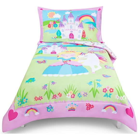 Todays Kids Princess Toddler Bedding Set for Girls - 4-Piece Toddler Bed Comforter Sets for Girls, Reversible Comforter & Pillowcase, Flat Sheet, Fitted Sheet, Breathable & Super Soft Microfiber