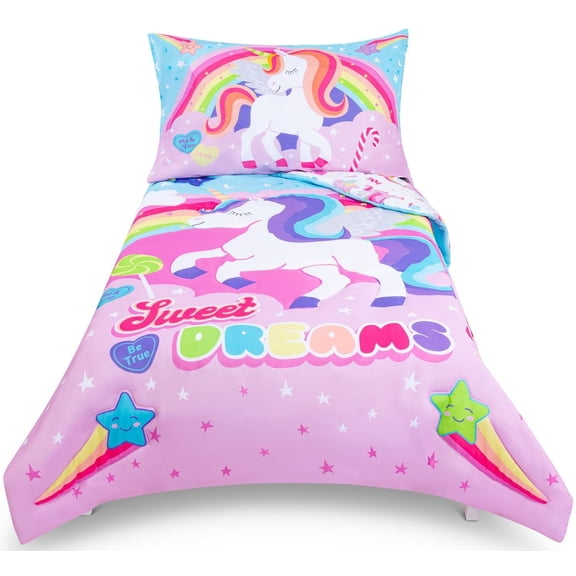Todays Kids Unicorn Toddler Bedding Set for Girls - 4-Piece Toddler Bed Comforter Sets for Girls, Reversible Comforter & Pillowcase, Flat Sheet, Fitted Sheet, Breathable & Super Soft Microfiber