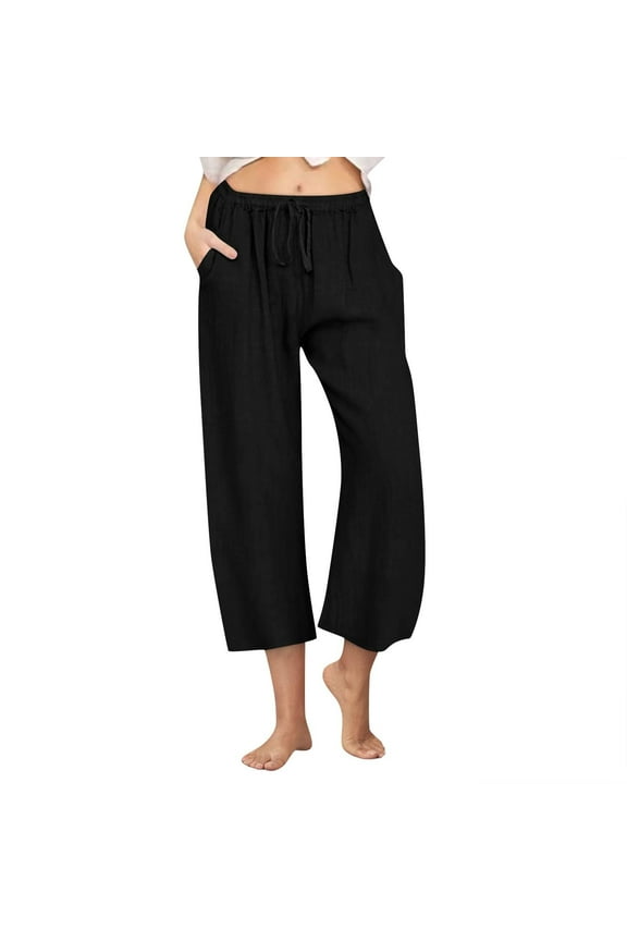 Todays Offers Special Saving Trousers For Womens Plus Size Slacks 3/4 Capri Pants Drawstring Pants Solid Trousers Wide Leg Slacks Straight Leg Pants Pockets Trousers Loose Travel Pants