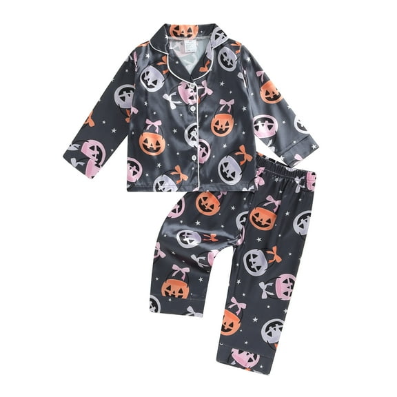 Todddler Little Girls Halloween Pajama Sets Long Sleeve Button-Up Top Shorts Fall Pumpkin Ghost Silk Satin Pjs Sleepwear