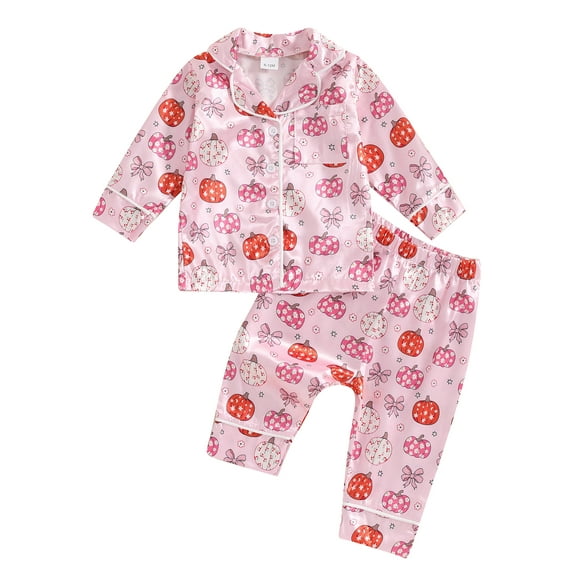 Todddler Little Girls Halloween Pajama Sets Long Sleeve Button-Up Top Shorts Fall Pumpkin Ghost Silk Satin Pjs Sleepwear