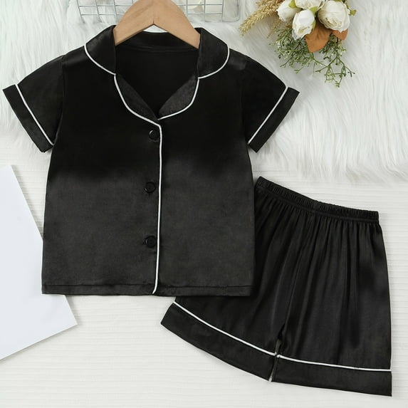 Todder Sleepwear Pajamas Set Two Pieces Solid V-neck Short Sleeve Button Down Sleep Shirt Top Pant Girls Fashion Pajamas Set for Toddler 7-8 Years