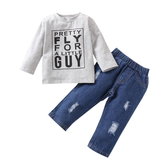 Toddle Baby Kids Boys Print Pullover Tops+Ripped Set Outfits Clothes