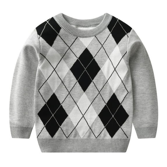 Toddle Knitted Sweater Pullover Argyle Plaid Knitwear Fall Winter Warm Knit Top Clothes for Little Boy Girls 3-8Y, Gray