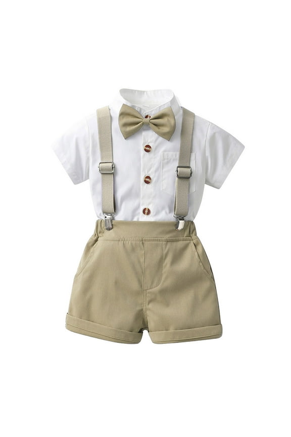 Toddler 2 Piece Outfits Boys 2T Boy Outfit, Boys Girls Summer Gentlemen Cotton Bow Solid Color Short Sleeve Shirt Strap Pants Set