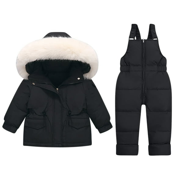 Toddler 2 Piece Set Snowsuit, Hooded Puffer Jacket and Bib Overall Pant Ski Suits, Unisex Boys Girls Winter Long Sleeve Down Coat and Skiing Bibs Snow Suit by Llywey ,Black ,18 Months