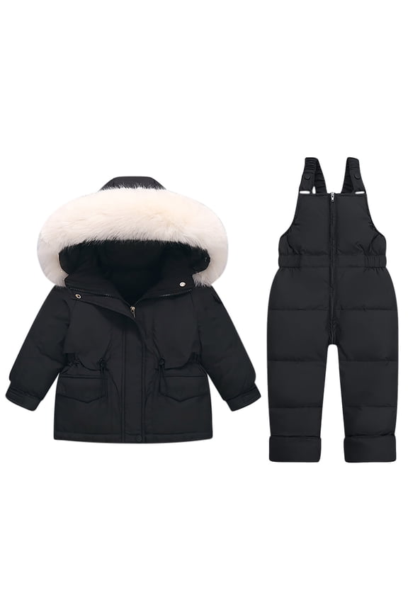 Toddler 2 Piece Set Snowsuit, Hooded Puffer Jacket and Bib Overall Pant Ski Suits, Unisex Boys Girls Winter Long Sleeve Down Coat and Skiing Bibs Snow Suit by Llywey ,Black ,3T