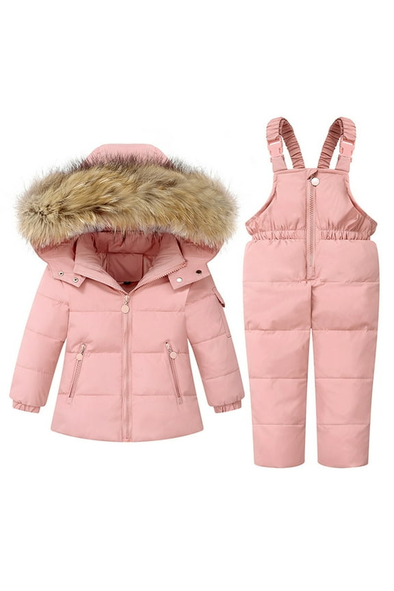 Toddler 2 Piece Snowsuit Boys Girls Puffer down Coat Jacket Jumpsuit Overalls Set Long Sleeve Winter Warm Ski Suit, Pink, 1 Years