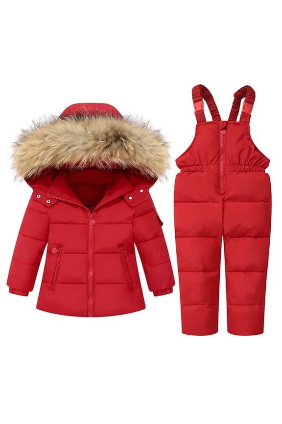 Toddler 2 Piece Snowsuit Boys Girls Puffer down Coat Jacket Jumpsuit Overalls Set Long Sleeve Winter Warm Ski Suit, Red, 2 Years
