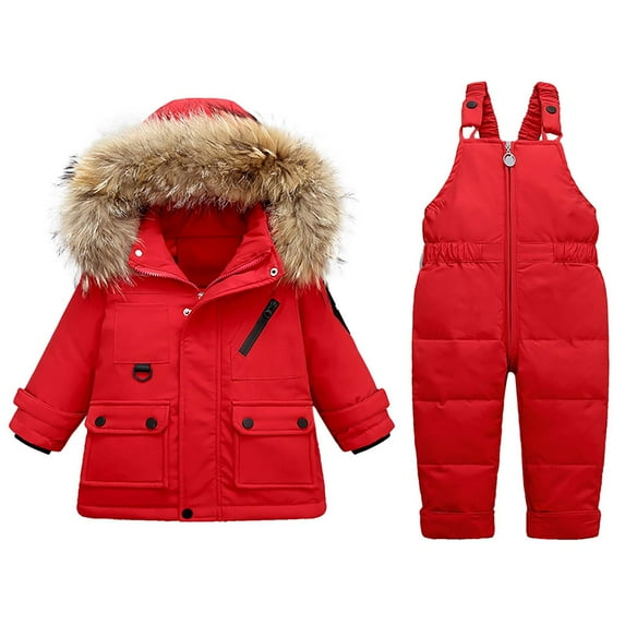 Toddler 2 Piece Snowsuit Boys Girls Puffer down Coat Jacket Jumpsuit Overalls Set Long Sleeve Winter Warm Ski Suit, Red, 3 Years
