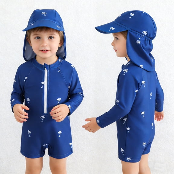 Toddler 2 Piece Swimsuit With Cap Submarine And Coconut Tree Cartoon Pattern For Spring Summer Yellow 2 Y-3 Y