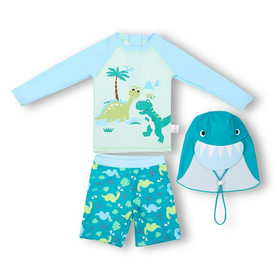 Toddler 3 Piece Swim Set Shark Cartoon Pattern Long Sleeved Swim Top & Shorts With Hat Light Blue 4 Y-5 Y