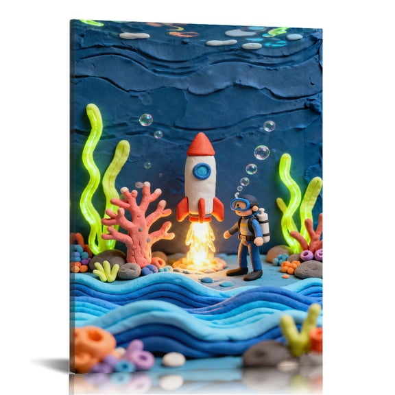 Toddler 3D Clay Style Underwater Rocket Diver Fantasy Scene Printed Canvas Wall Art (Hidden Wooden Frame) - Decor for Kids’ Room, Bedroom & Living Room Play Area