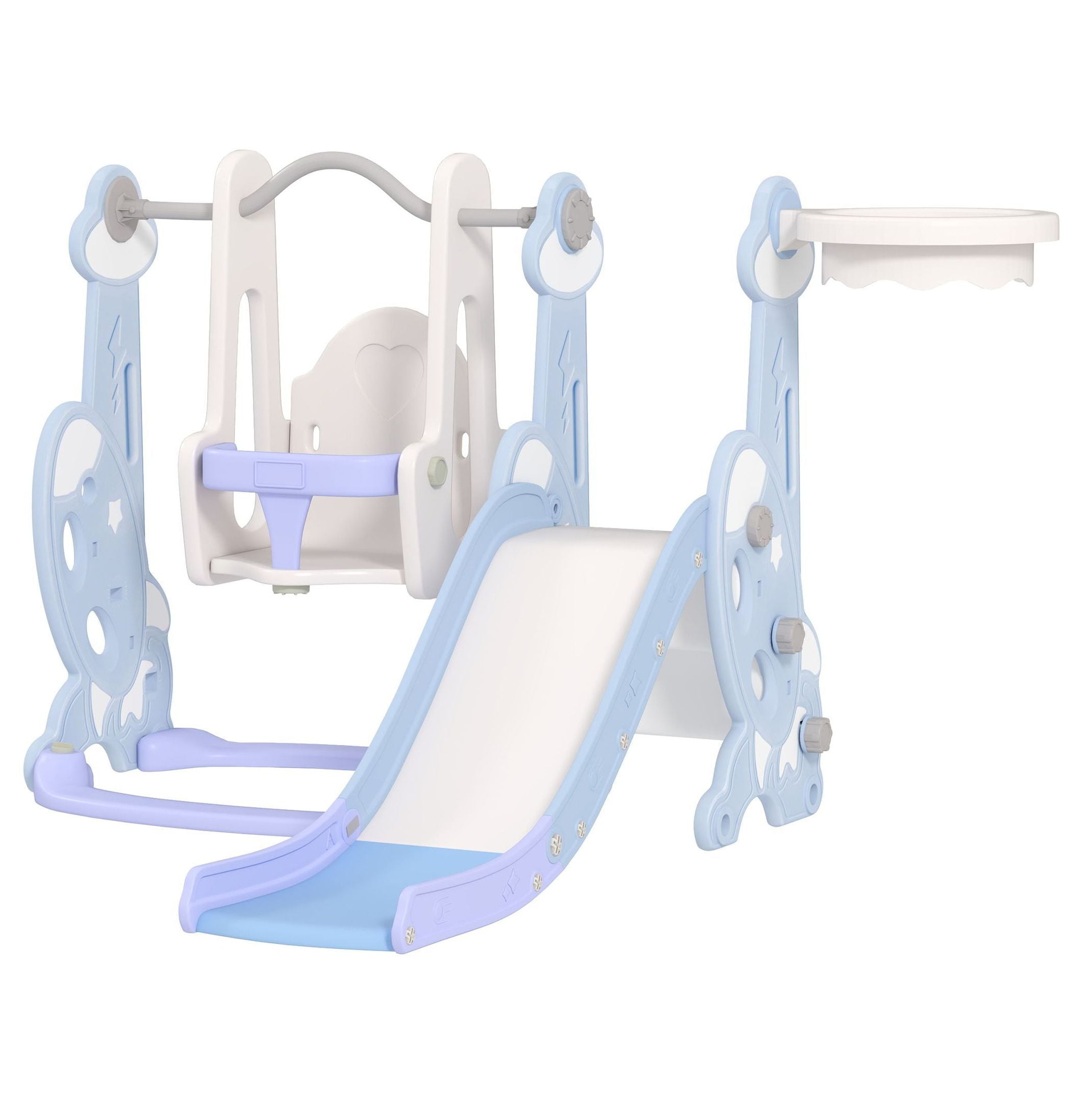 Toddler 4-in-1 Swing Set & Slide - Indoor Playground for 1.5-4 Year Olds - Light Blue - Rocket Design with Climber & Basketball Hoop