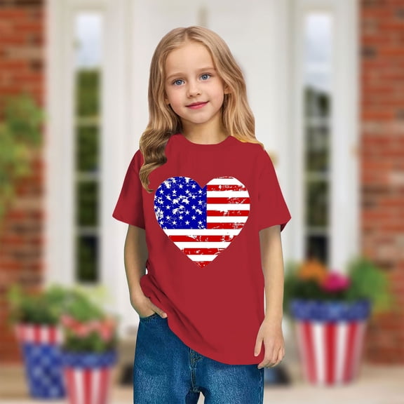 Toddler 4Th Of July Cotton T-Shirts Kids Fashion Independence Day Flag Patriotic Shirt Summer Cute Round Neck Casual Short Sleeve Tops Red 3-4 Years
