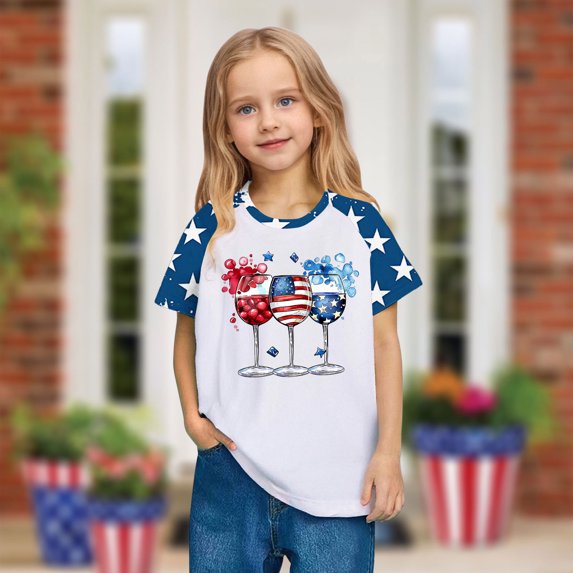 Toddler 4Th Of July Outfit Kids Fashion American Flag Printed Tees Boys Girls Cute Round Neck Short Sleeve Top Blue 3-4 Years
