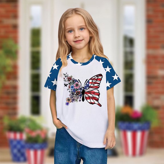 Toddler 4Th Of July Outfit Kids Fashion American Flag Printed Tees Boys Girls Cute Round Neck Short Sleeve Top Blue 4-5 Years