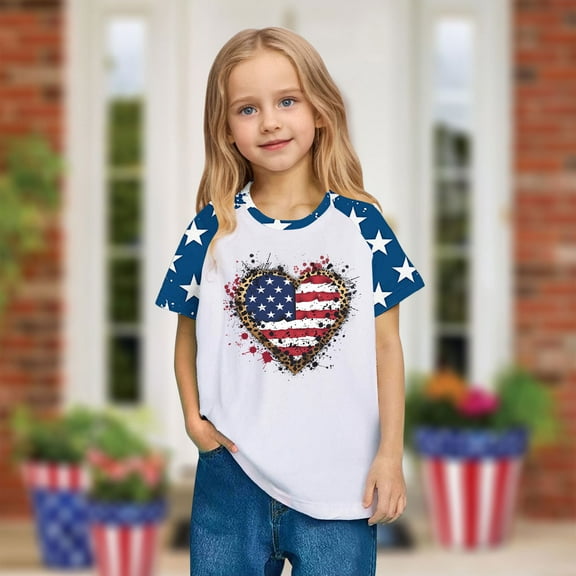 Toddler 4Th Of July Outfit Kids Fashion American Flag Printed Tees Boys Girls Cute Round Neck Short Sleeve Top Blue 5-6 Years