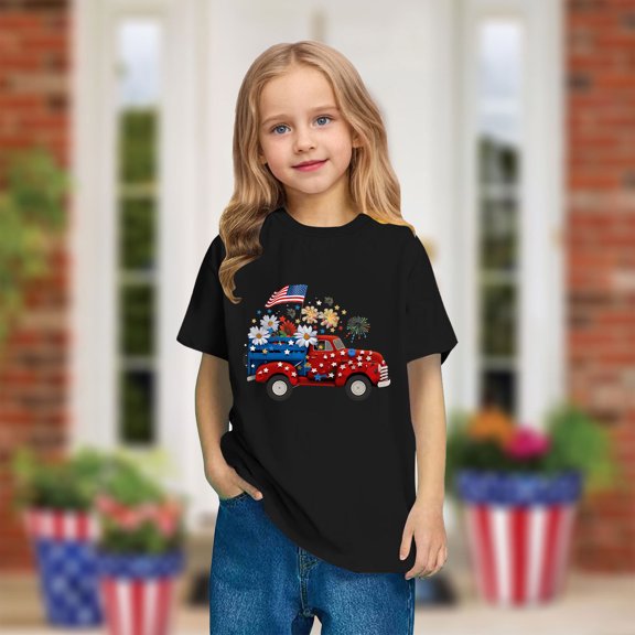 Toddler 4Th Of July Patriotic Shirts Summer Trendy Independence Day Print Shirt Kids Cute Round Neck Short Sleeve Casual Cotton Top Black 5-6 Years