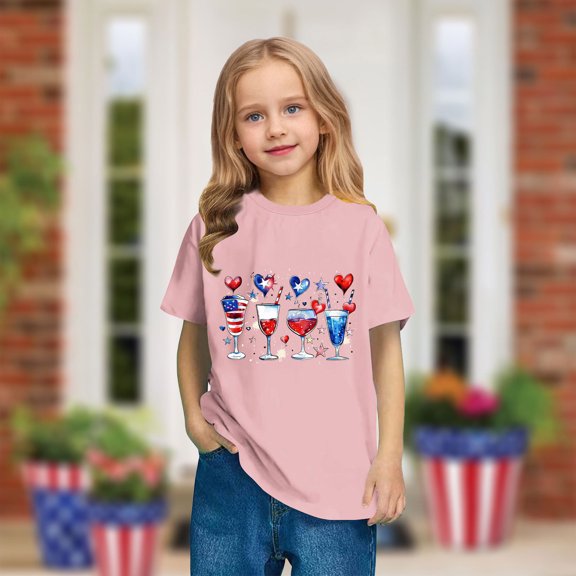Toddler 4Th Of July Patriotic Shirts Summer Trendy Independence Day Print Shirt Kids Cute Round Neck Short Sleeve Casual Cotton Top Pink 7-8 Years