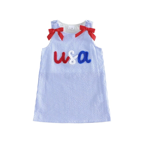 Toddler 4th of July Outfit Girl Bow Sleeveless Patriotic Embroidery Dress Fourth of July Clothes