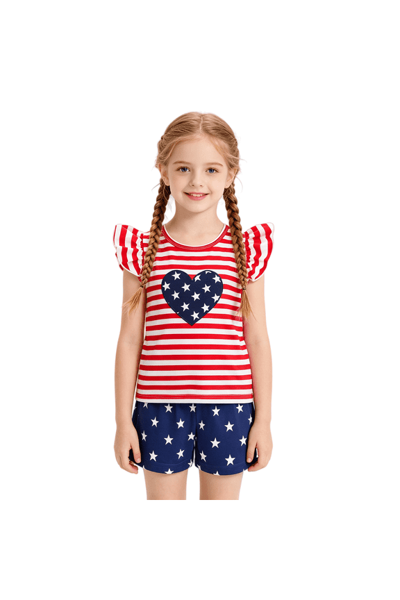 Toddler 4th of July Outfit Girl Patriotic clothes Stars and Stripe Heart Print Red Shirt Blue Shorts American Flag 3T (932)