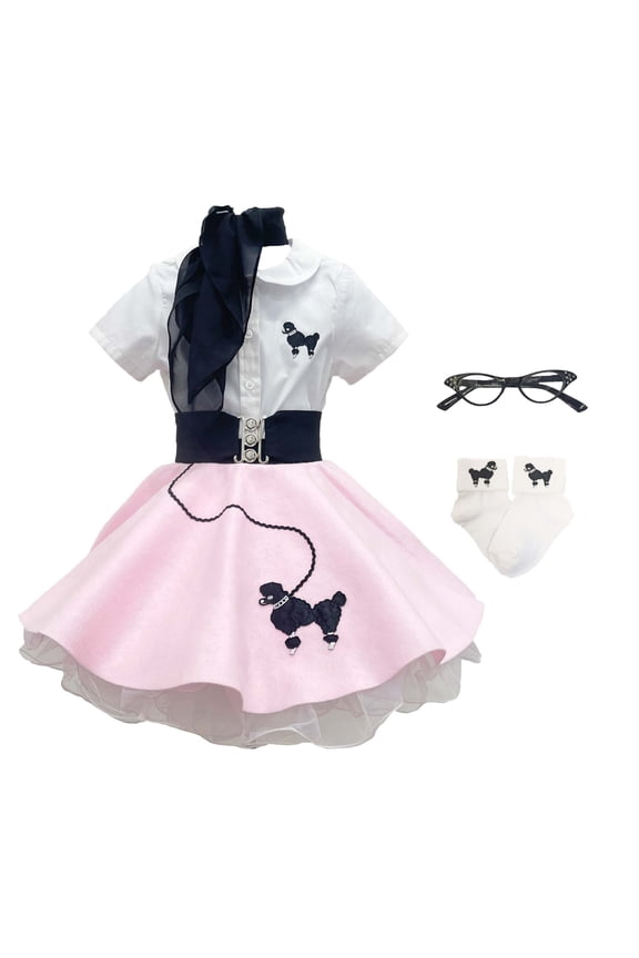 1950s Toddler Poodle Skirt Costume Outfit 7 Piece Set for Girls with Skirt Slip Shirt Glasses Scarf Socks Belt (2T Light Pink)