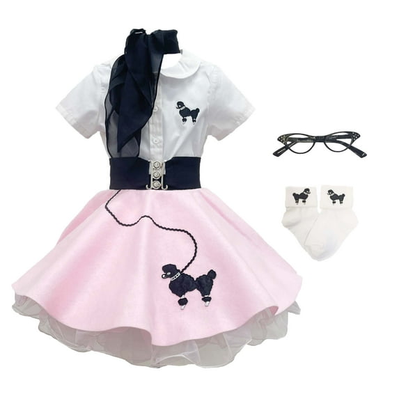Hip Hop 50's Shop 1950s Toddler Poodle Skirt Costume Outfit 7 Piece Set for Girls with Skirt Slip Shirt Glasses Scarf Socks Belt (2T Light Pink)
