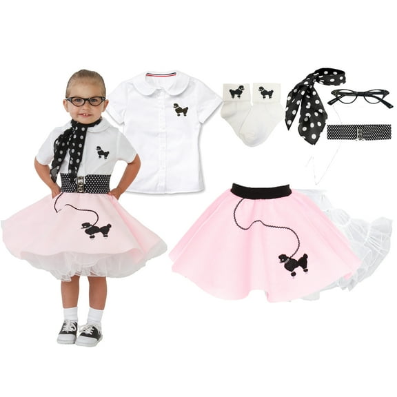 Hip Hop 50's Shop 1950s Toddler Poodle Skirt Costume Outfit 7 Piece Set for Girls with Skirt Slip Shirt Glasses Scarf Socks Belt (3T Light Pink Polka Dot)