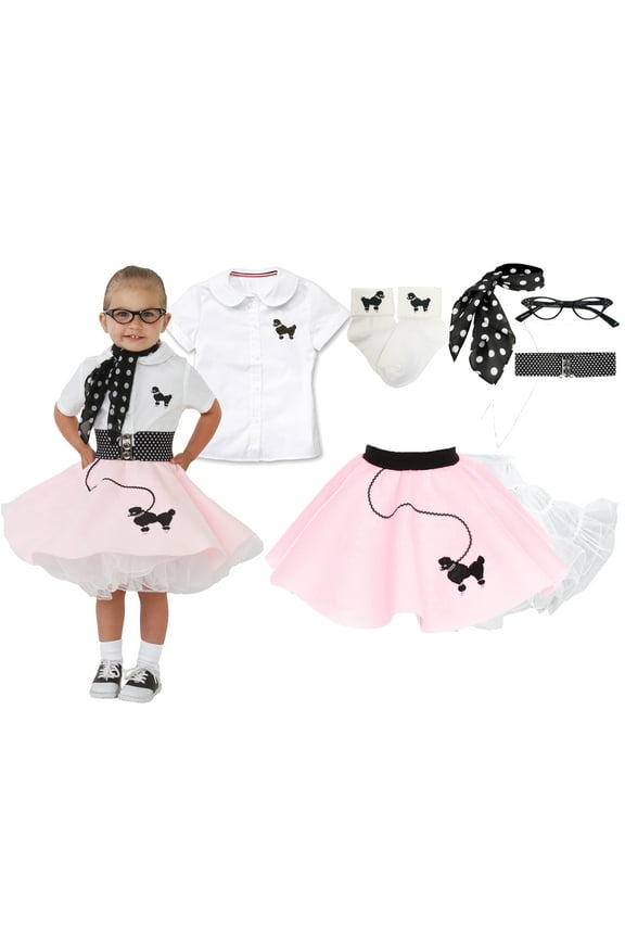 1950s Toddler Poodle Skirt Costume Outfit 7 Piece Set for Girls with Skirt Slip Shirt Glasses Scarf Socks Belt (3T Light Pink Polka Dot)